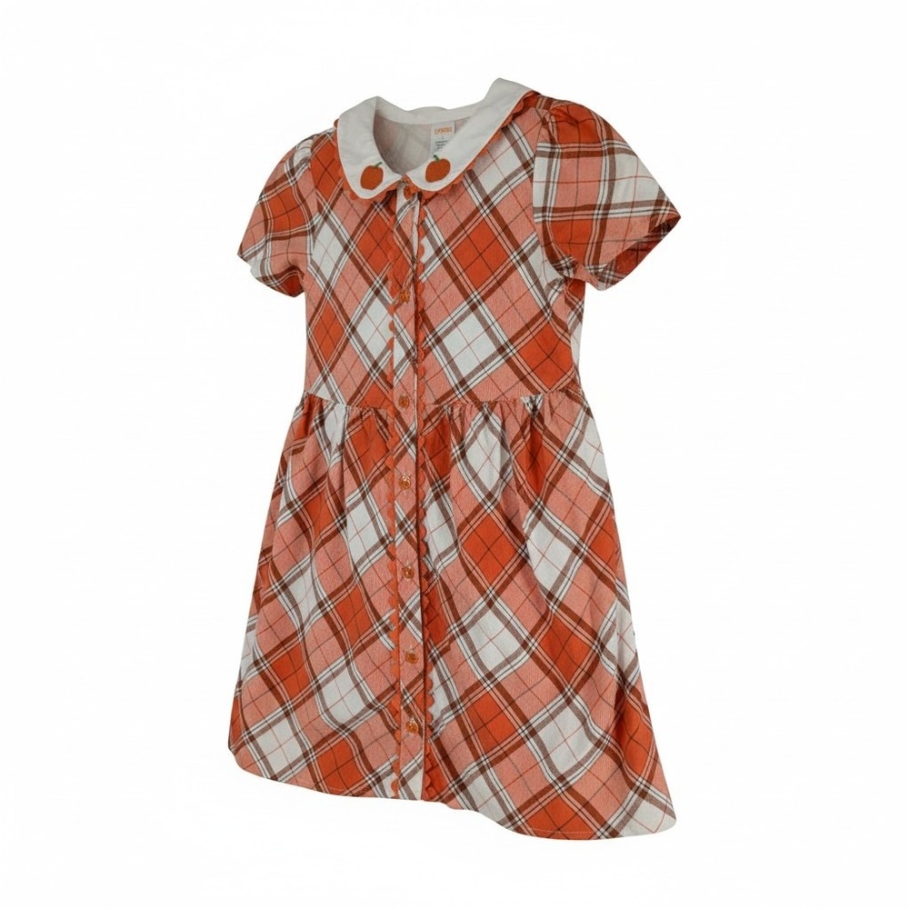 Gymboree Orange Plaid Flannel Dress Pumpkin Embroidery Peter Pan Collar Size 7‎